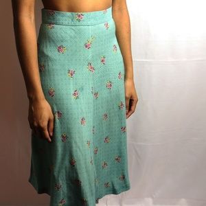 Vintage Teal Midi Skirt w/ Yellow & Pink Floral